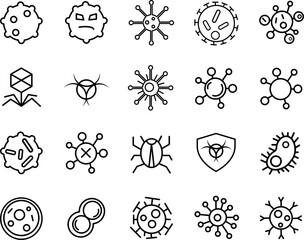 Bacteria, Microbe and Virus Vector Line Icons Set