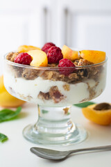 Healthy parfait with greek yoghurt, homemade granola, slices of apricot and raspberries in a glass goblet. White background with apricots and basil leaves
