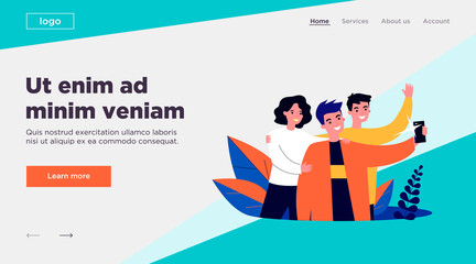 Selfie with friends flat vector illustration. Cartoon happy people smiling and taking group portrait photo. Friendship and technology concept