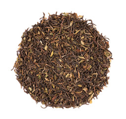 Black tea Darjeeling, isolated on white background. Organic tea. Top view. Close up.