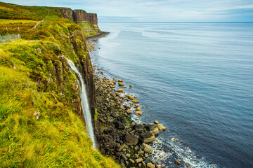 Kilt Rock pattern of sedimentary and igneous rocks and Mealt Waterfall, a famous sightseeing...