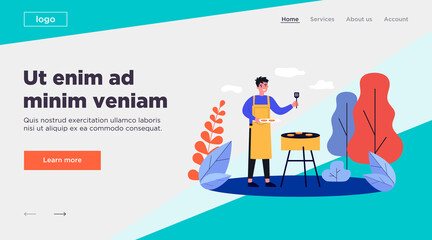 Happy man cooking barbecue meat outdoors. Cheerful guy grilling steaks outside. Flat vector illustration for bbq party, shashlik, summer activity concept