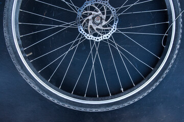 Fototapeta premium Single silver new bicycle wheel on a monochromatic (dark blue) background.