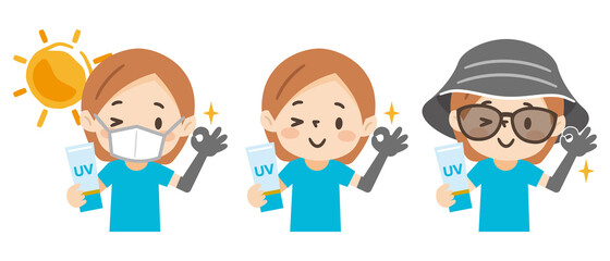 日焼け対策をした若い女性のイラストレーションのセット