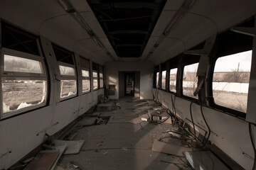 Interior of abandoned train carriage, distorted