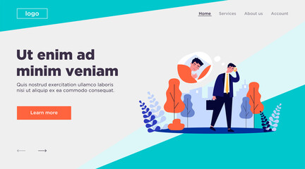 Tired sleepy office man walking to work. Sad exhausted businessman going outside. Flat vector illustration for coffee addiction, insomnia, sleep problem concept