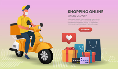 Online Shopping templates service for food and package online shopping delivery service with motorcycle. 3d vector illustration.