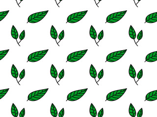 Seamless pattern of hand-drawn tropical floral green leaves doodle. line art or outline botanical decoration. White background