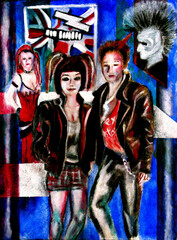 Fototapeta na wymiar pop art style painting , male and female figures in leather jackets and alternative hair style 