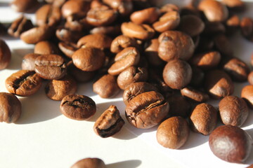 roasted brown coffee beans close up background shot