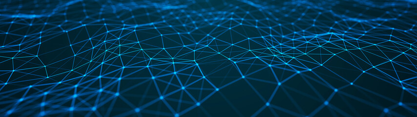 Network of bright connected dots and lines. Abstract dynamic wave of many points. Digital background. 3D rendering.