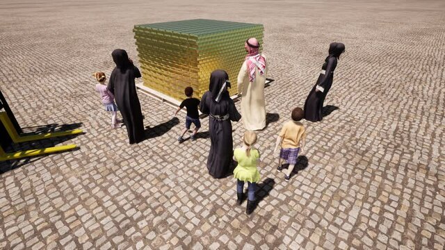 Arab family parents with children near gold bars. Polygamy. 4k