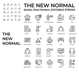 Simple Set of The New Normal, Coronavirus Disease 2019 Covid-19 Line Icons such Icons as work from home, mask, self protection, vitamin C. 64x64 Pixel Perfect Editable Stroke Vector.