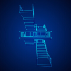 Wireframe stairs, interior staircases steps with railing. Wireframe low poly mesh vector illustration.