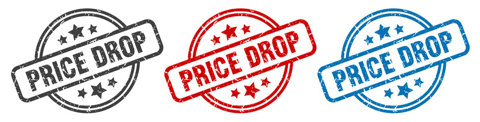price drop stamp. price drop round isolated sign. price drop label set