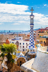 Fototapeta na wymiar Barcelona city seen from the famous Park Guell built by Antoni Gaudi in Barcelona city in Spain