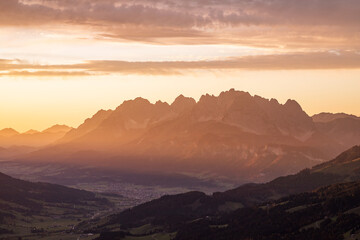 Wilder Kaiser mountain scenery at sunset - obrazy, fototapety, plakaty