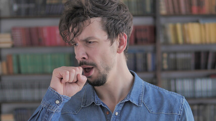 Cough, Portrait of Sick Casual Young Man Coughing at Work