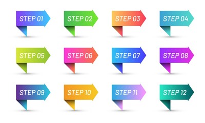 Colorful ribbons bullet points set. Bright gradient arrow icon set of step 1 to 12 