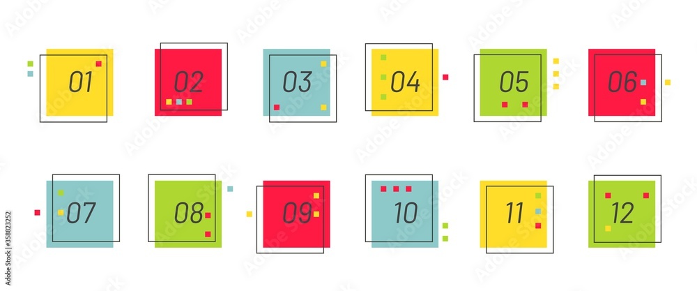 Poster modern geometric bullet point set. colorful trendy square markers with number from 1 to 12.