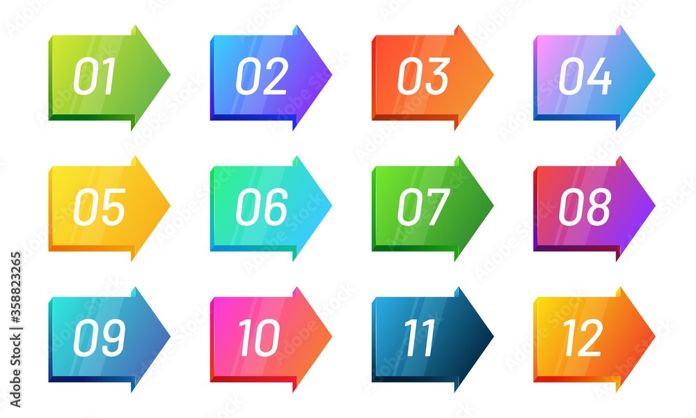 Poster arrow direction number bullet point set 1 to 12. bright gradient icon collection