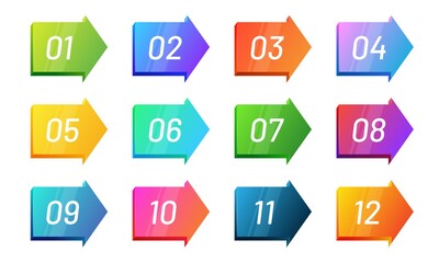 Arrow direction number bullet point set 1 to 12. Bright gradient icon collection