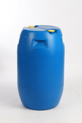 Plastic blue barrel with yellow lids, container, for liquids, on a white background