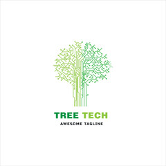 Creative idea of tech tree logo design. Tree-shaped tech logo design template. Design inspiration from the tree logo technology