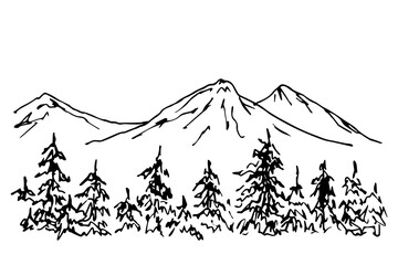 Hand drawn ink vector sketch. Wildlife of the Nordic countries. A simple landscape of coniferous trees in the foreground, the contour of the mountains on the horizon. Nature, forest, travel, tourism. 
