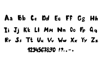 Stylish alphabet, abc, hand drawn letters and numbers set isolated on white background stock vector illustration