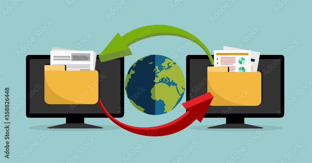Poster file transfer. two pc with folders on screen and transferred documents. copy files, data exchange, b