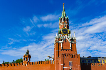 It's The Savior's Tower and the Tsar's tower of Kremlin of Moscow, Russian Federation