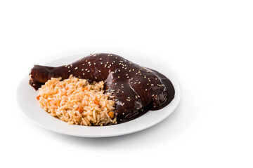 Traditional mole Poblano with rice plate isolated on white background. Copy space