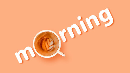 Flat lay of hot coffee cup with text on isolated pastel color background