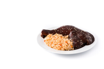 Traditional mole Poblano with rice plate isolated on white background. Copy space