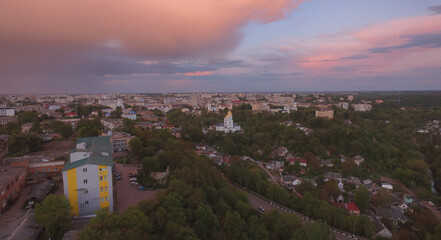 aerial city construction site near orthodox church at urban landmark