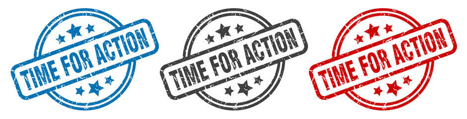 time for action stamp. time for action round isolated sign. time for action label set