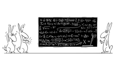 Vector cartoon stick figure drawing conceptual illustration of rabbit, jackrabbit or hare solving complex mathematical equations on black board with carrot as result. Concept of education and science.