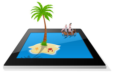 Ebook reader of island with treasure buried on it and kraken attacking pirate ship	

