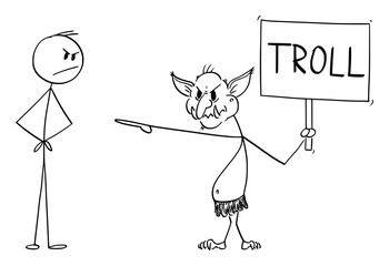 Vector cartoon stick figure drawing conceptual illustration of virtual Internet troll assaulting another online user in flame war.