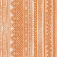 Peach tribal striped seamless pattern. Watercolor raster texture in ethnic style.