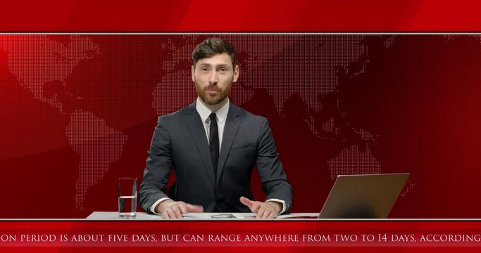Portrait of Caucasian handsome young man newsreader in suit and tie reading news while sitting in studio a table with laptop. Red background with world map. Male journalist broadcasting on air.
