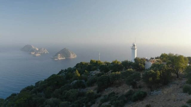 Gelidonya lighthouse facing the Greek islands. Beautoful natural ladscape. Aerial view. Drone footage 4K