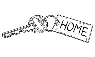 Vector cartoon drawing conceptual illustration of house key with home sign.Renting, Buying or Owning House or Apartment.