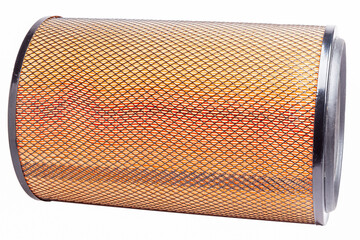 A cylindrical air filter for a truck lies horizontally on a white isolated background in a photo studio with an orange body with a cyclone rotation function made of paper material.