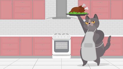 Funny cat holds a fried turkey. A cat with a funny look holds a fried chicken. Culinary blog or vlog concept. Vector.
