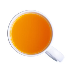 White cup with orange sweet water juice on white background isolation, top view