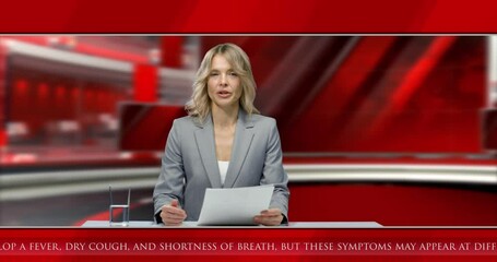 Caucasian beautiful woman presenter reading news and explaining emotionally while sitting in studio at desk with laptop computer. Red background. Female journalist broadcasting on air in evening on TV - Powered by Adobe