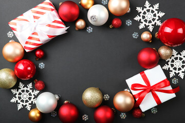 Christmas or New Year accessories top view. Holidays, gifts, background, place for text. flatlay