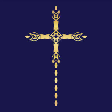 Gold metallic cross design element icon. Isolated decorative faith symbol motif.  Ornate decorated shiny metal effect.